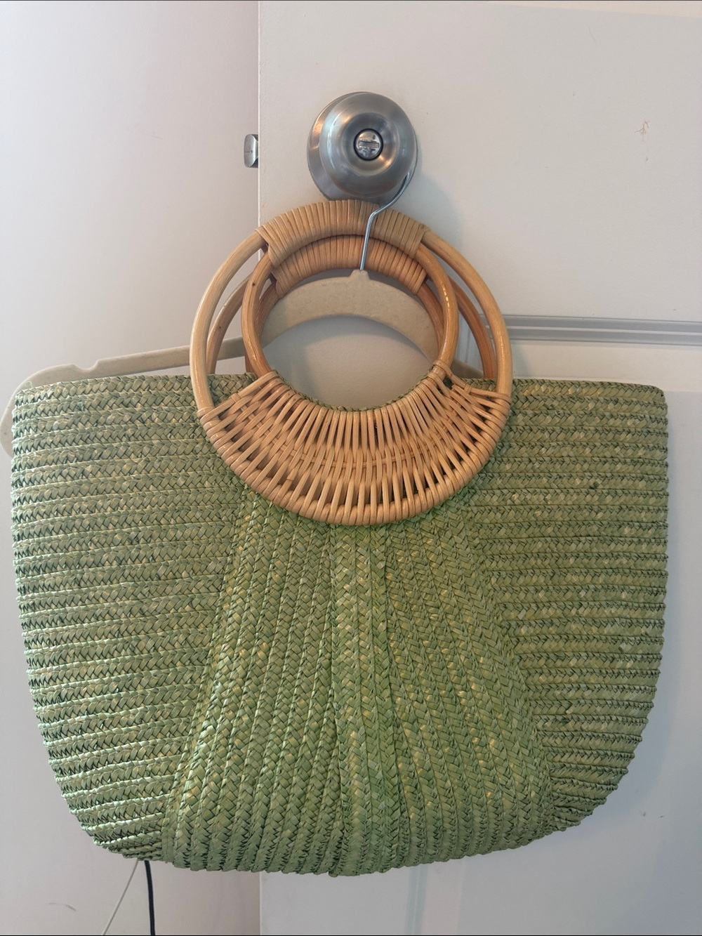 Green Woven Straw Tote with Round Bamboo Handles